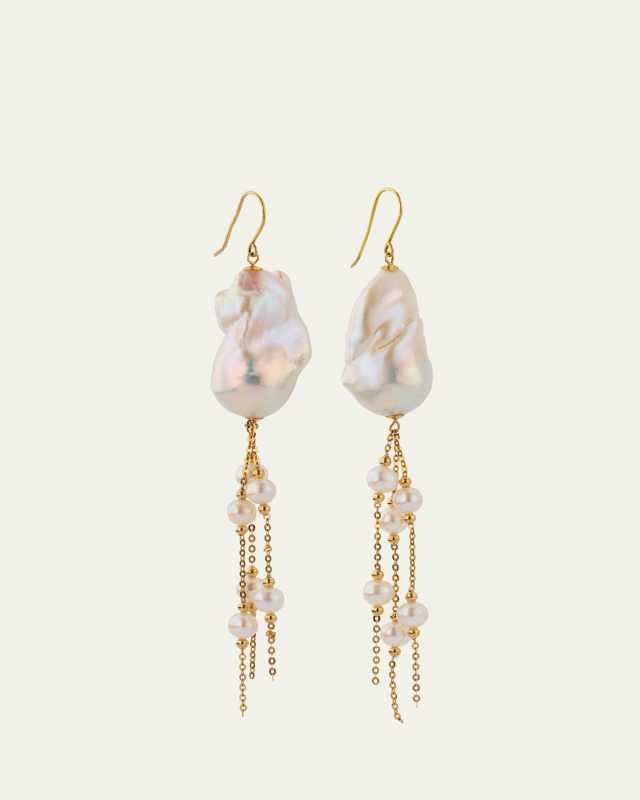 18K Yellow Gold Tiara Cascading Baroque Pearl Earrings